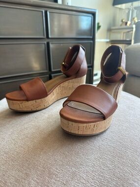 Franco Sarto Saddle Brown Cork Platform Sandals with Velcro Ankle Strap